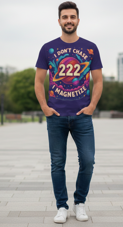 Men's purple all-over print T-shirt by I Love Me Vibe featuring "I Don’t Chase, I Magnetize 222" affirmation design.