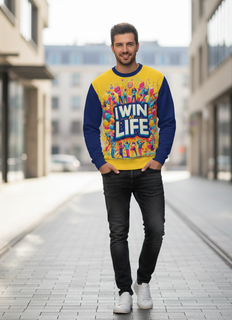 Man wearing I Love Me Vibe "I Win at Life" sweatshirt with success mindset affirmation, casual style, and comfortable fit.