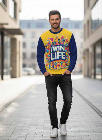 Man wearing I Love Me Vibe "I Win at Life" sweatshirt with success mindset affirmation, casual style, and comfortable fit.
