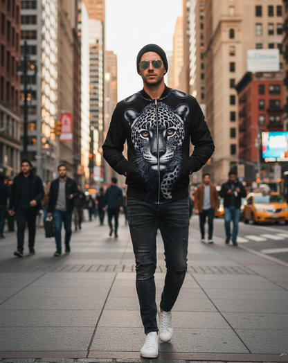 Walking Leopard men's bomber jacket by I Love Me Vibe featuring a bold leopard print design.