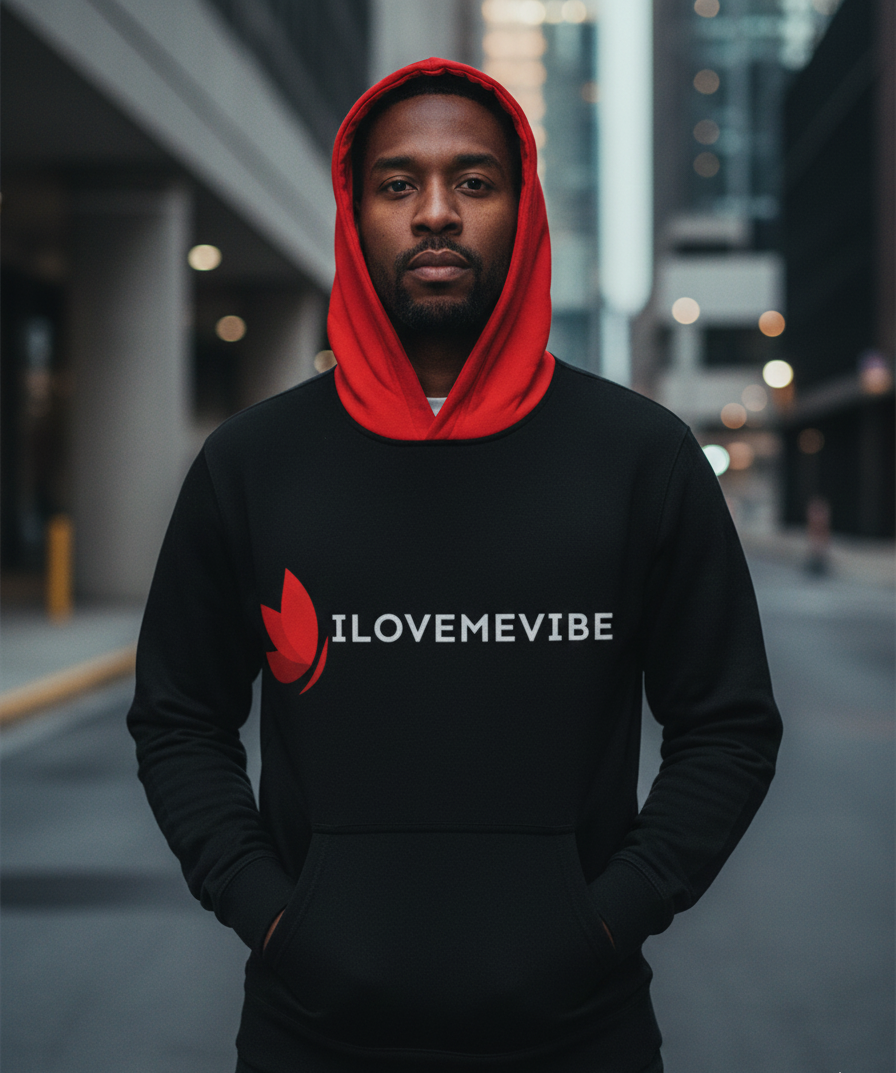 I Love Me Vibe men's hoodie featuring bold affirmation and empowerment messages, in a special edition design.