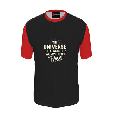 Men’s T-shirt from I Love Me Vibe with motivational slogan "The Universe Always Works in My Favour" in recycled poly jersey fabric.