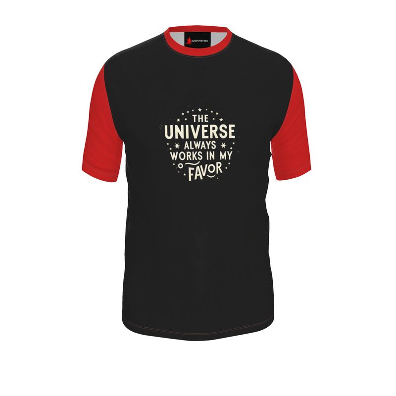 Men’s motivational T-shirt by I Love Me Vibe featuring "The Universe Always Works in My Favour" printed on recycled polyester jersey fabric.