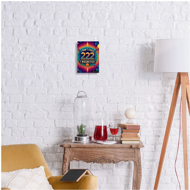 Metal print wall art featuring "I Don’t Chase I Magnetize 222" angel number affirmation by I Love Me Vibe, 7x5 inches.