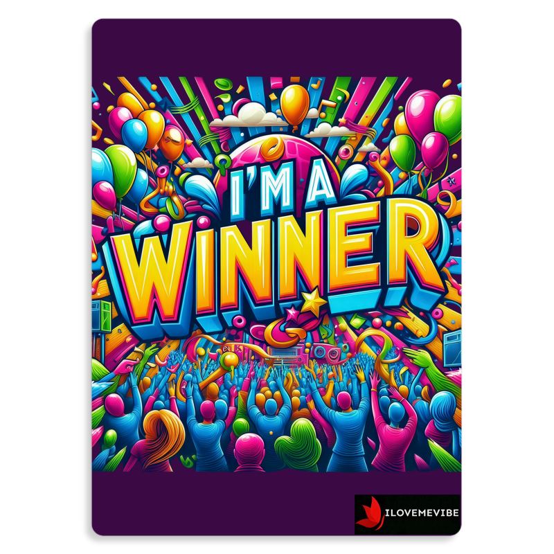 I Love Me Vibe I’m a Winner metal print wall art featuring empowerment affirmation with bold lettering, mounted on wall.