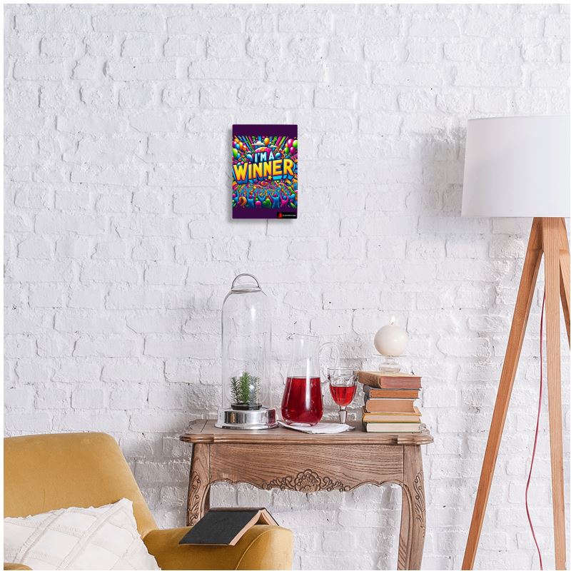 I Love Me Vibe metal print featuring empowerment affirmation "I'm a Winner" wall art, 7x5 inches, mounted for home decor.