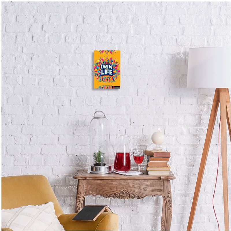 I Love Me Vibe metal print with "I Win at Life" success mindset affirmation, wall-mounted wall art in 7x5 inch size.