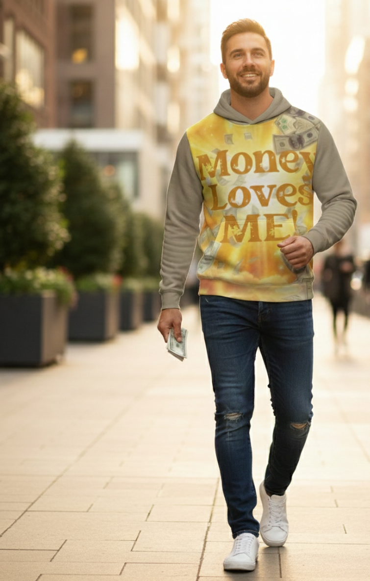 Men's hoodie by I Love Me Vibe featuring "Money Loves Me" affirmation text in black on a comfortable fabric.