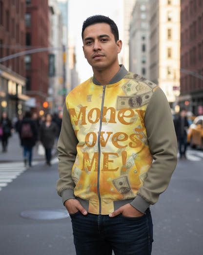 Men's bomber jacket by I Love Me Vibe featuring "Money Loves Me" affirmation, stylish streetwear with bold design details.