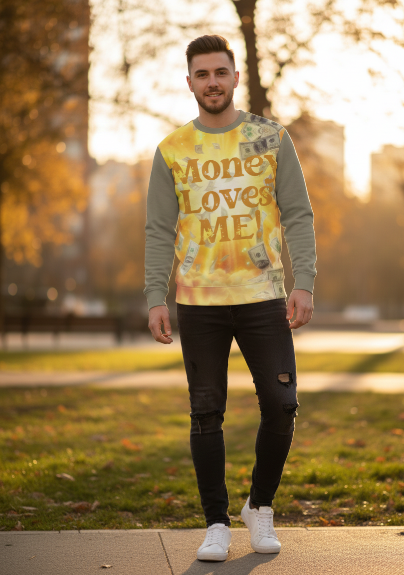Money Loves Me Men’s Sweatshirt by I Love Me Vibe featuring a wealth mindset affirmation design on cozy, stylish apparel.