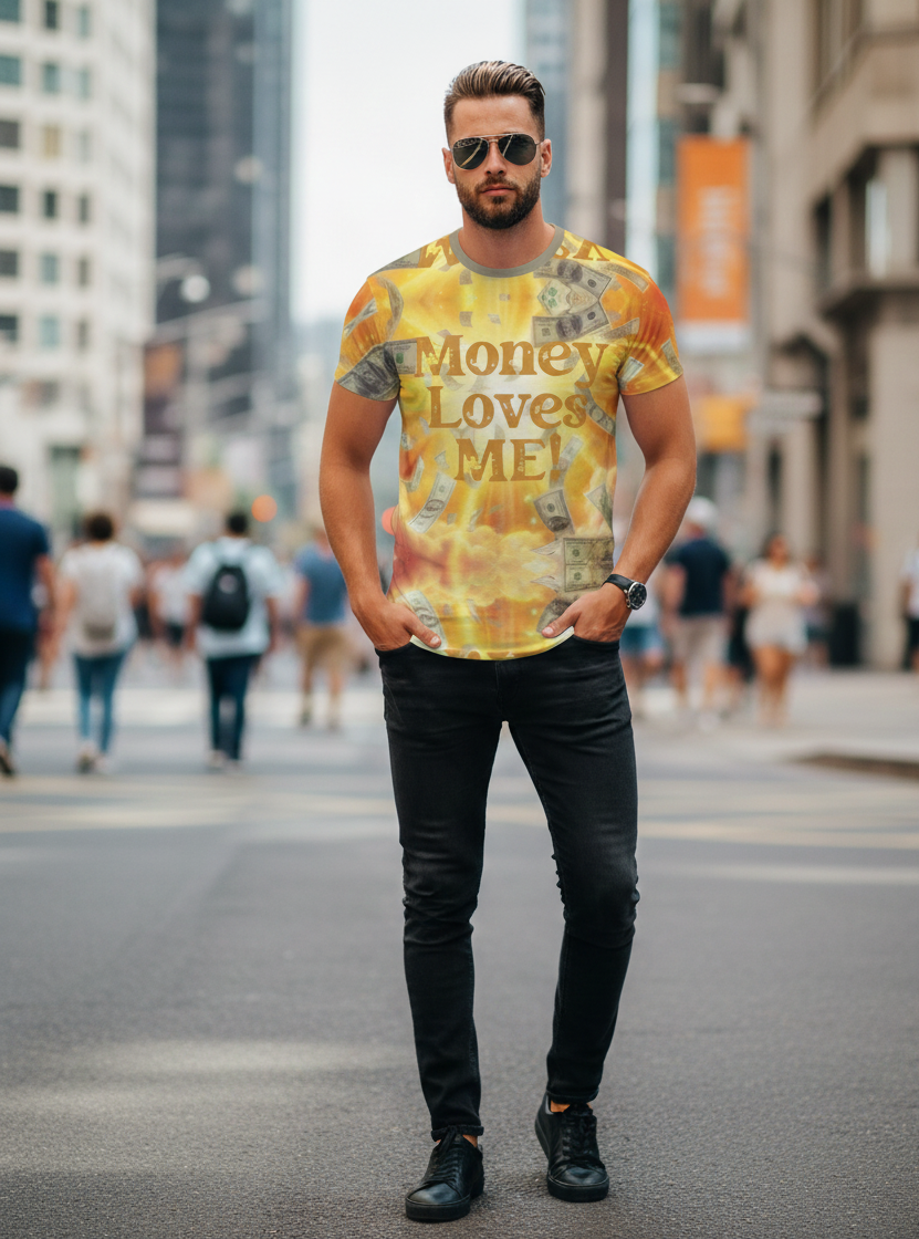 Men’s affirmation T-shirt from I Love Me Vibe with all-over print and "Money Loves Me" message, casual cut-and-sew design.