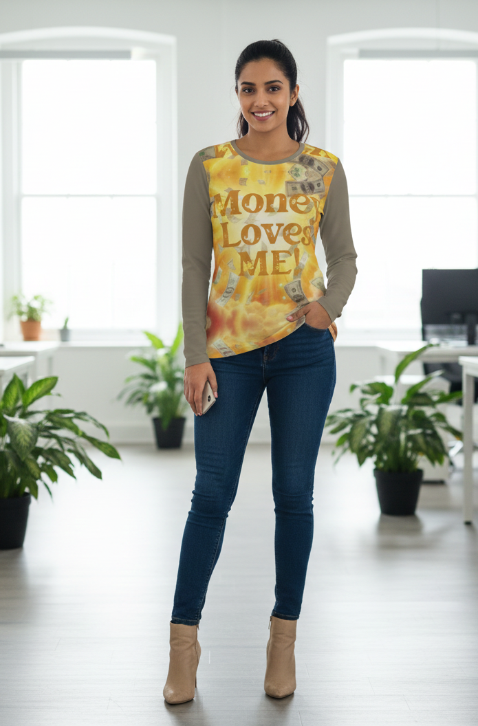 Women’s long sleeve shirt by I Love Me Vibe featuring "Money Loves Me" affirmation, casual wear with positive message.