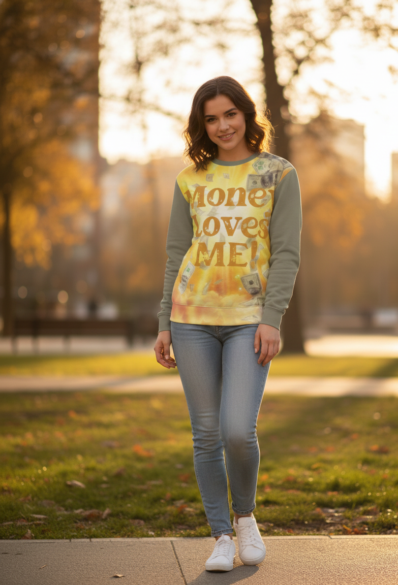 Money Loves Me Women’s Sweatshirt – Wealth Mindset Affirmation Apparel | I Love Me Vibe - I love me vibe