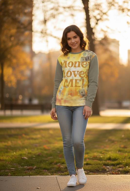 Money Loves Me Women’s Sweatshirt – Wealth Mindset Affirmation Apparel | I Love Me Vibe - I love me vibe