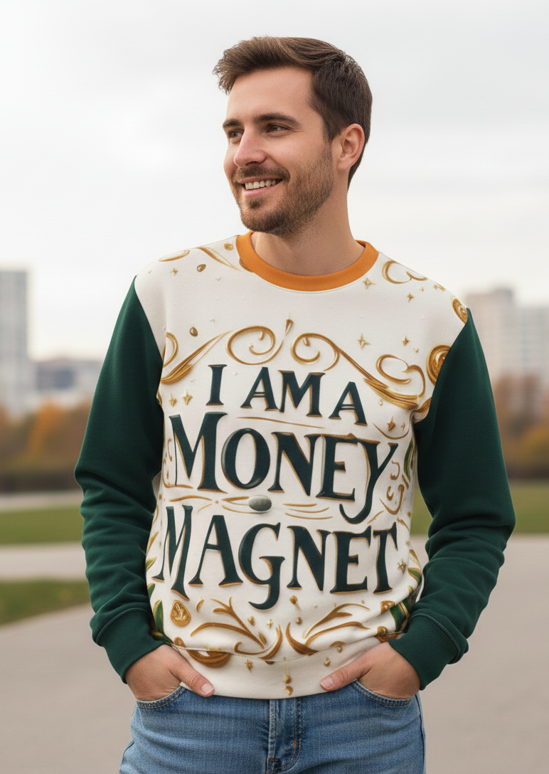 Men's I Am a Money Magnet sweatshirt by I Love Me Vibe featuring abundance affirmation design on comfortable casual wear.