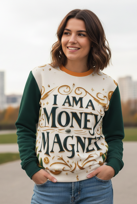 Women's I Am a Money Magnet sweatshirt by I Love Me Vibe featuring abundance affirmation and stylish comfortable design.