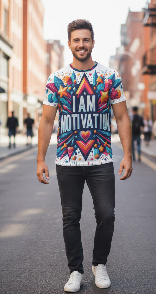 Men's I Am Motivation T-shirt by I Love Me Vibe featuring all-over print and motivational design on a casual tee.