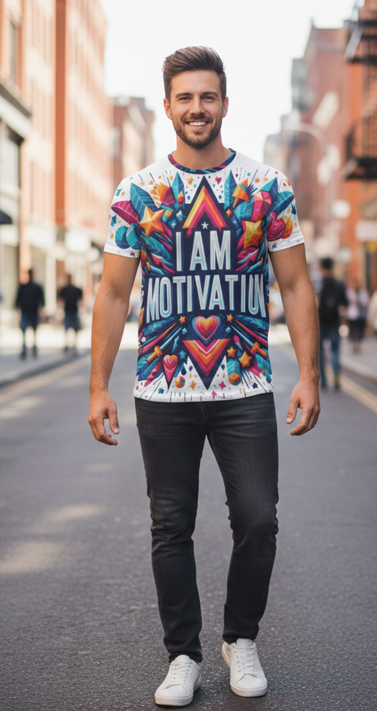 Men's I Am Motivation T-shirt by I Love Me Vibe featuring all-over print and motivational design on a casual tee.