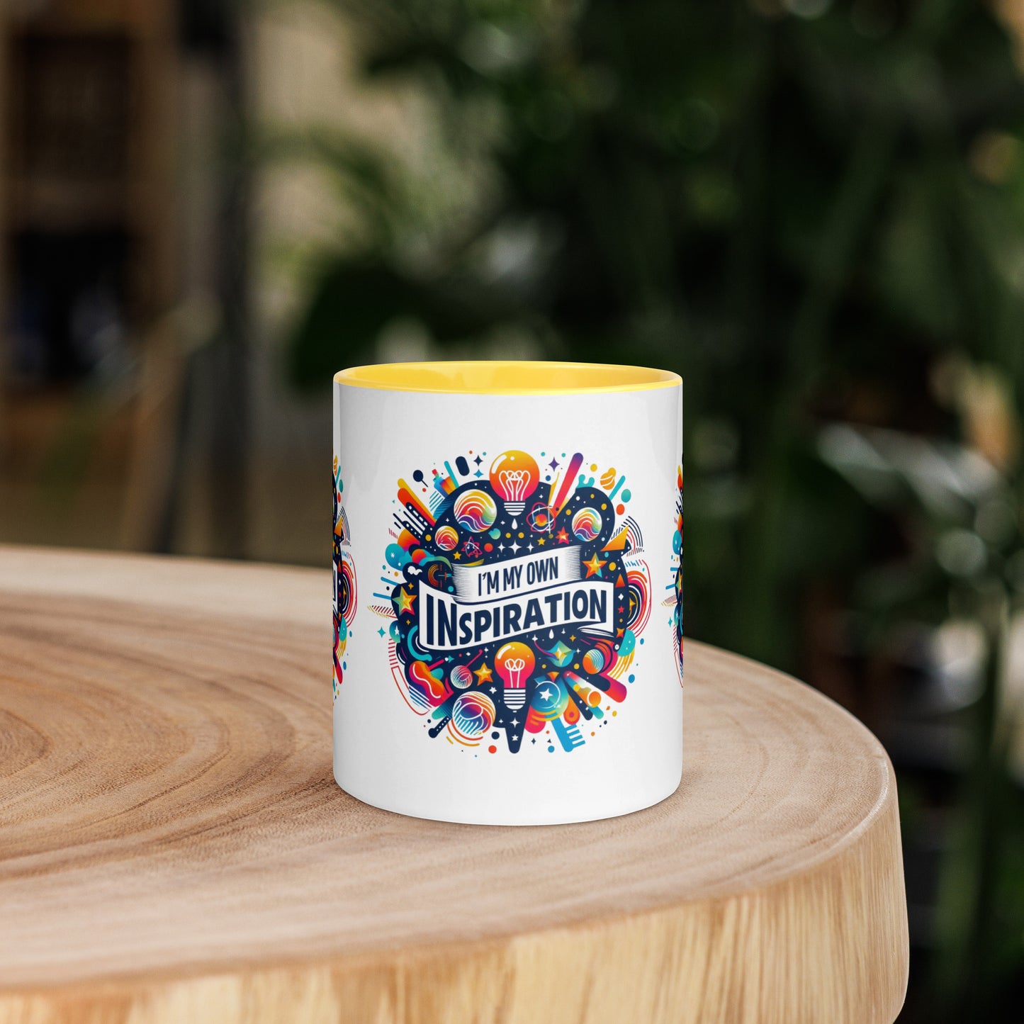 Black I Love Me Vibe mug with "I'm My Own Inspiration" affirmation and colorful inside, motivational drinkware.