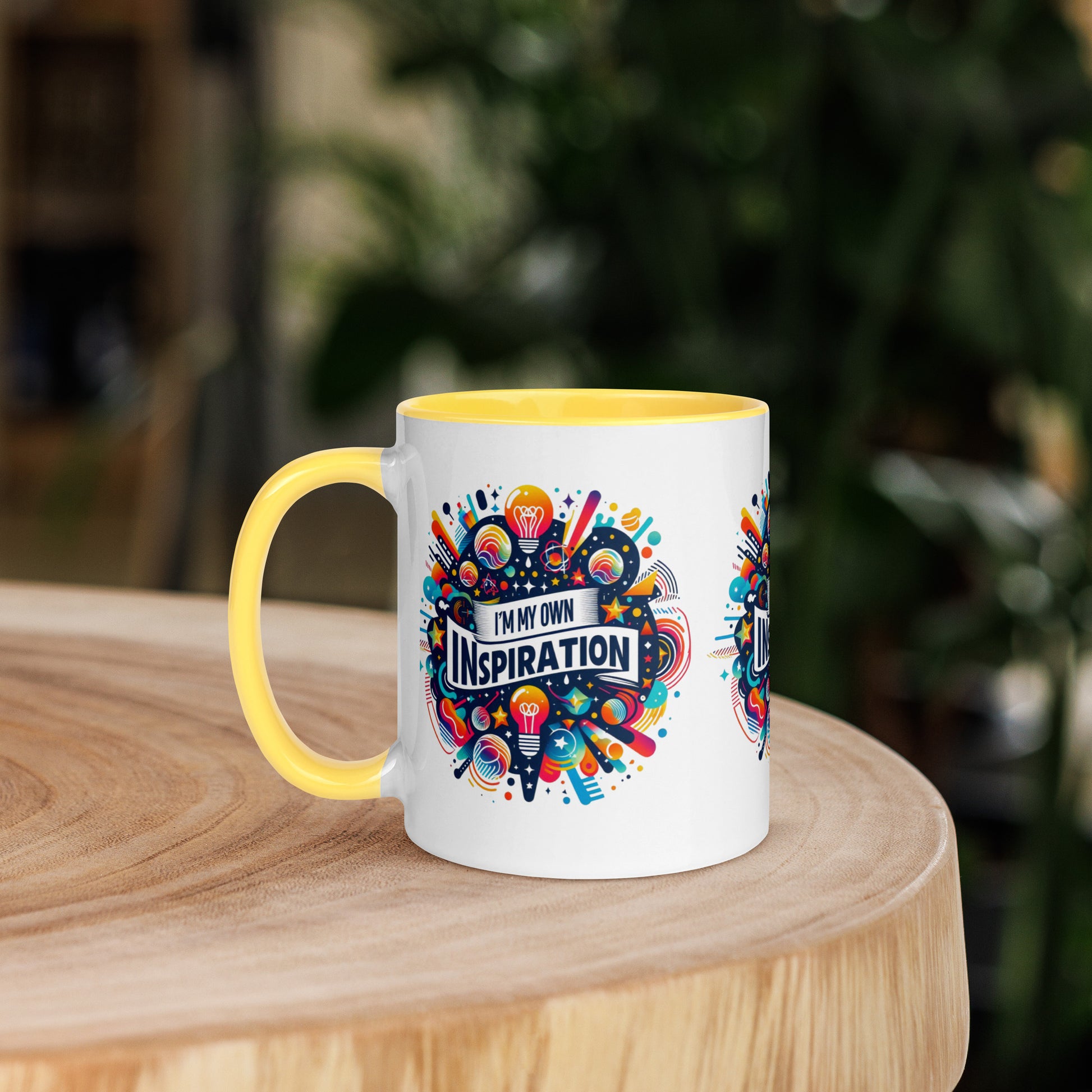 Black I Love Me Vibe mug with "I'm My Own Inspiration" affirmation and colorful inside, motivational drinkware.