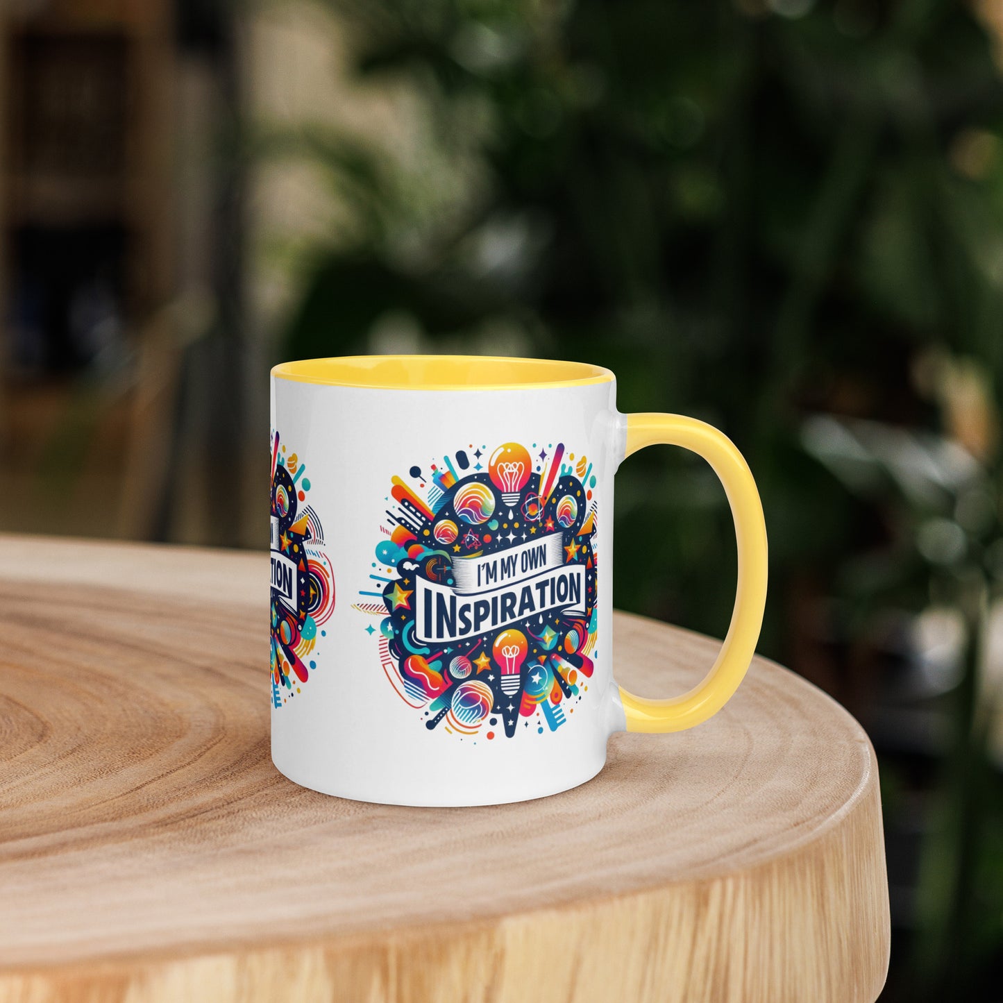 Black I Love Me Vibe affirmation mug with colorful interior, featuring motivational "I'm My Own Inspiration" message on ceramic drinkware.