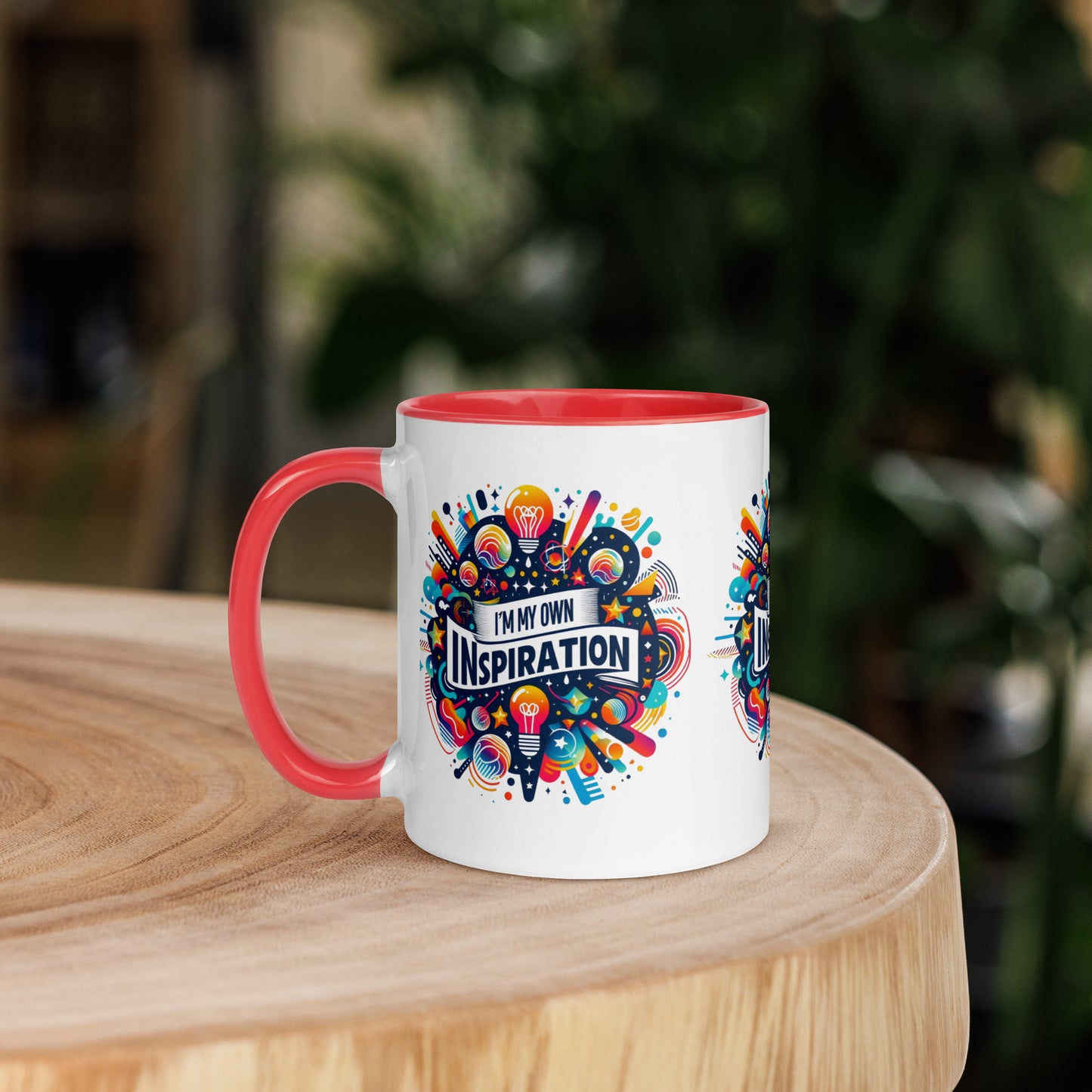 Black I Love Me Vibe affirmation mug with colorful inside, featuring "I'm My Own Inspiration" motivational message on ceramic drinkware.