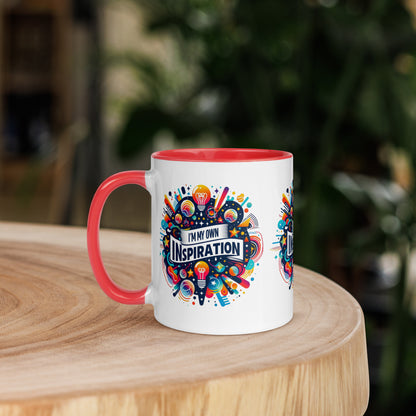 Black I Love Me Vibe affirmation mug with colorful inside, featuring "I'm My Own Inspiration" motivational message on ceramic drinkware.
