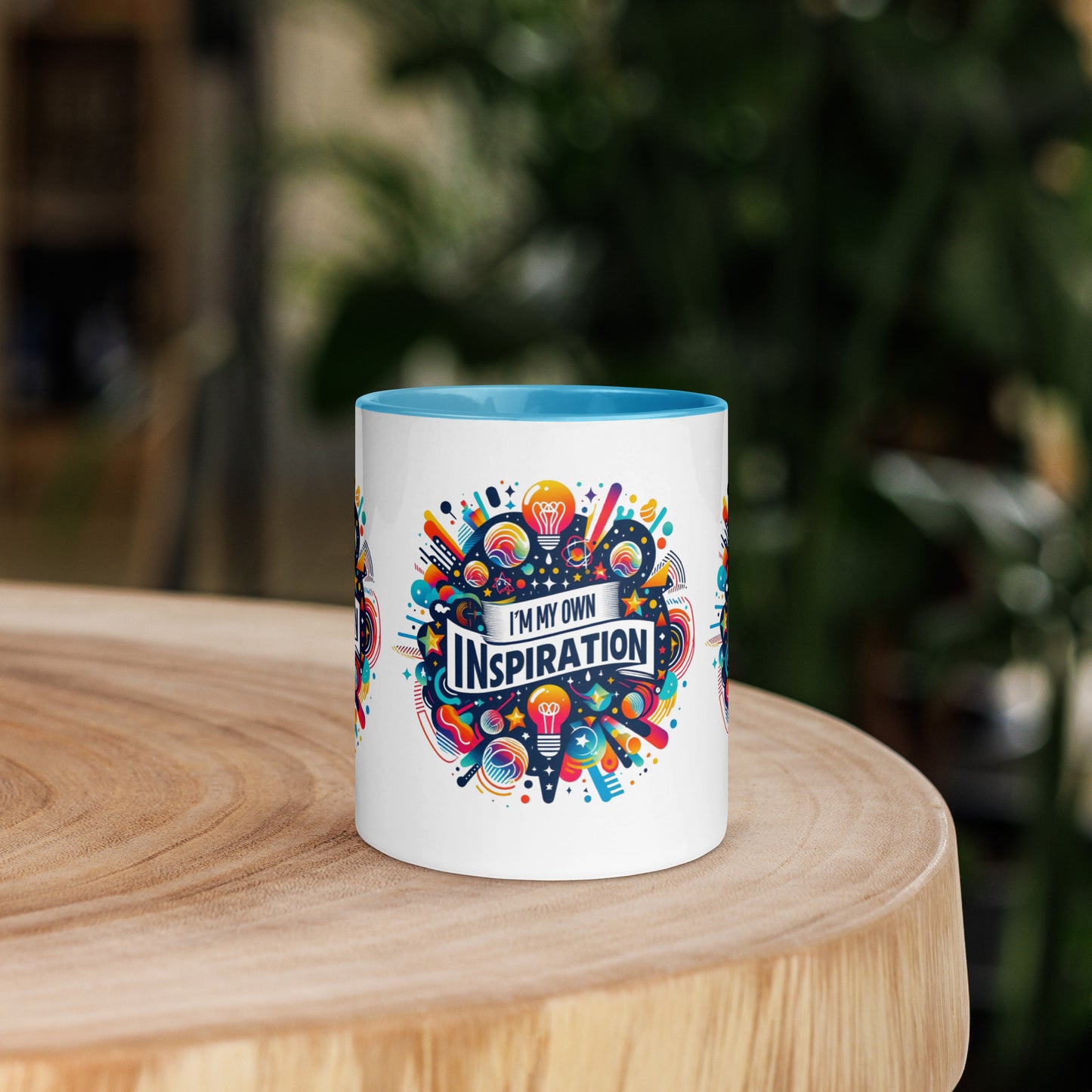 Black I Love Me Vibe mug with "I'm My Own Inspiration" affirmation and colorful inside, motivational drinkware.