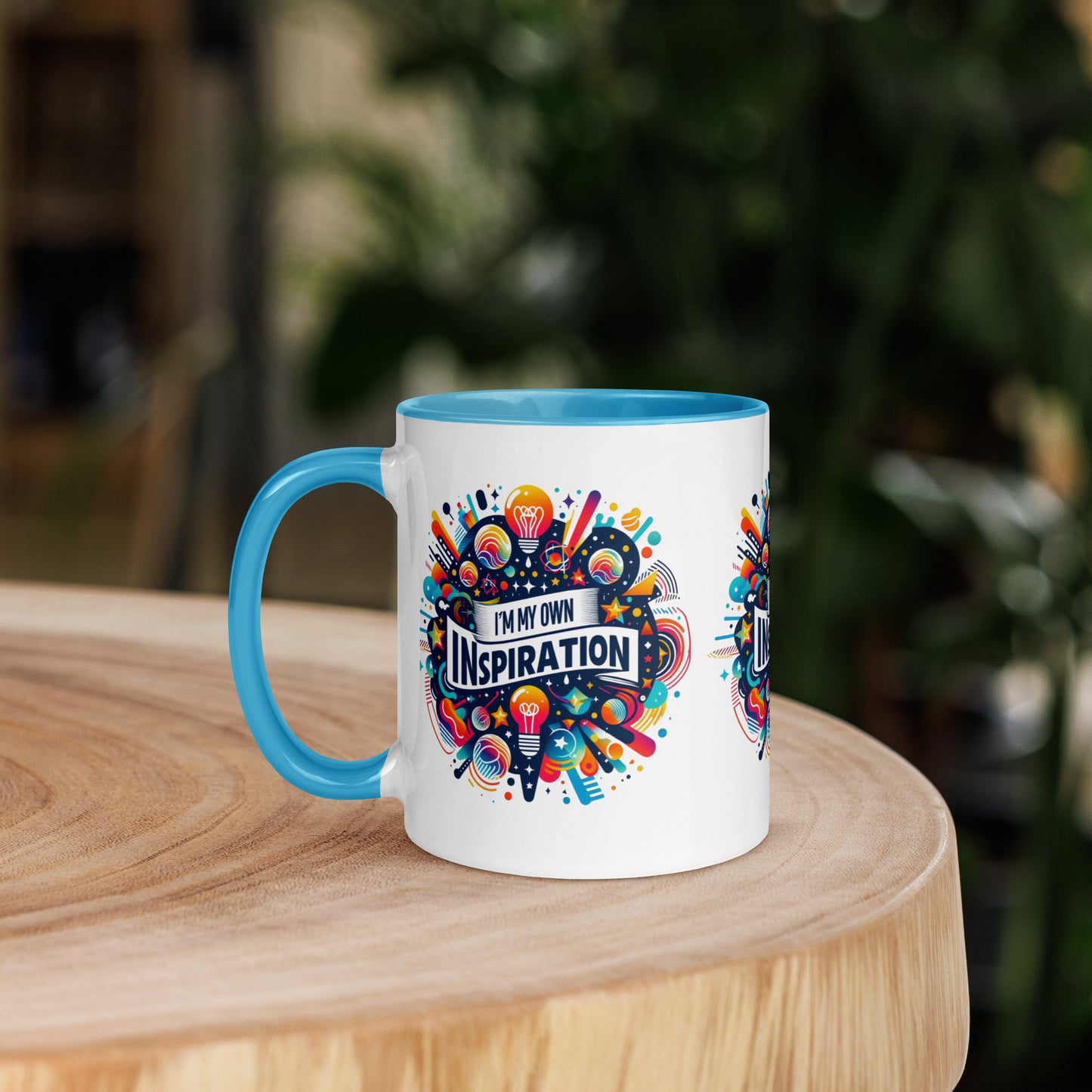Black I Love Me Vibe mug with "I'm My Own Inspiration" affirmation and colorful interior, motivational drinkware for daily inspiration.