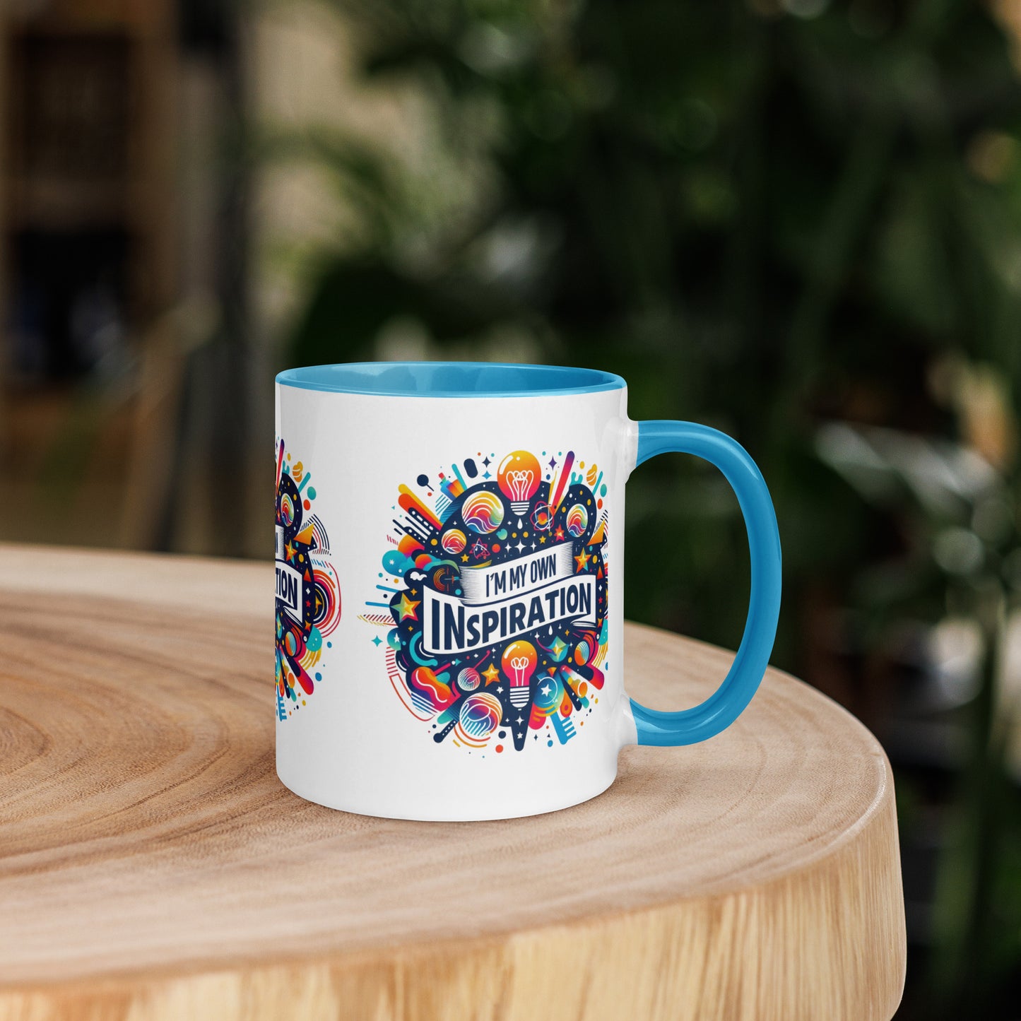 Black I Love Me Vibe mug with "I'm My Own Inspiration" affirmation and colorful inside, motivational drinkware.