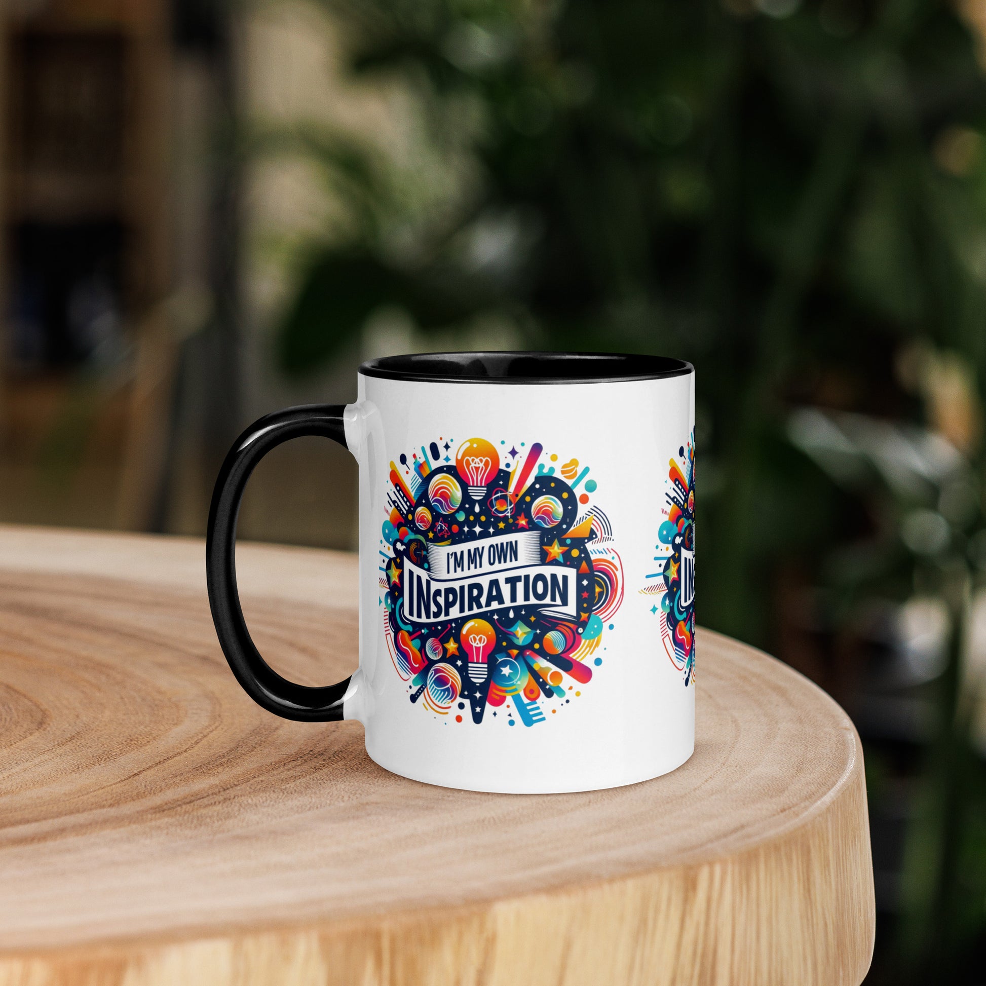 Black I Love Me Vibe mug with "I'm My Own Inspiration" affirmation and colorful interior, motivational drinkware.