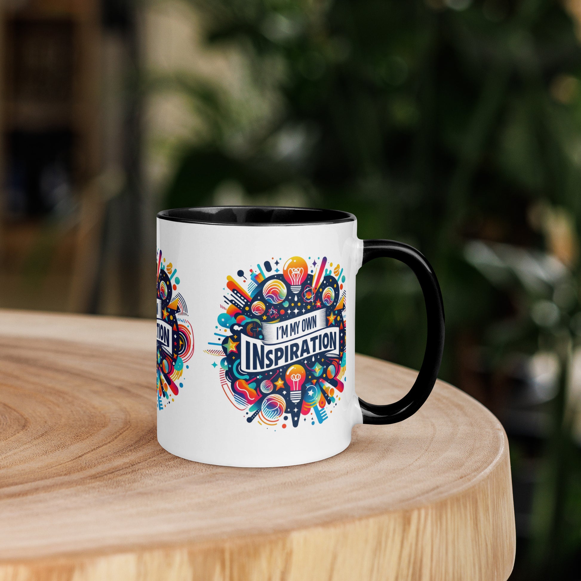 Black I Love Me Vibe affirmation mug with colorful inside and motivational "I’m My Own Inspiration" message, ceramic drinkware.