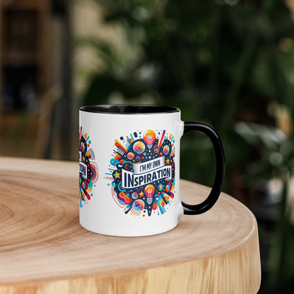 Black I Love Me Vibe affirmation mug with colorful inside and motivational "I’m My Own Inspiration" message, ceramic drinkware.