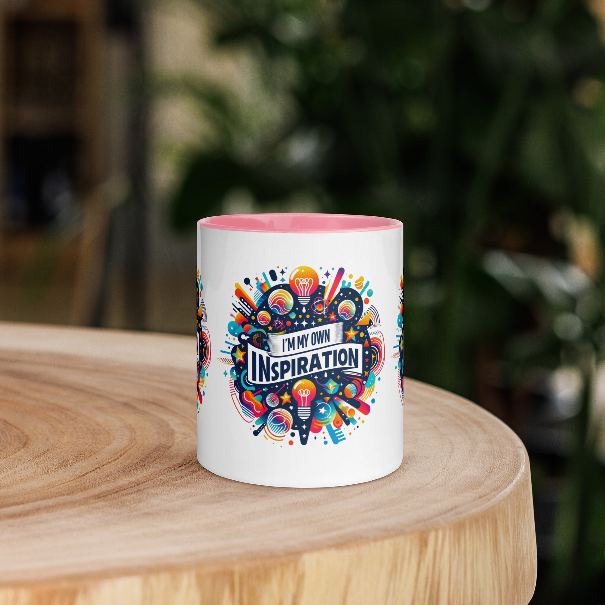 Black I Love Me Vibe mug with "I'm My Own Inspiration" affirmation and colorful interior, motivational drinkware.