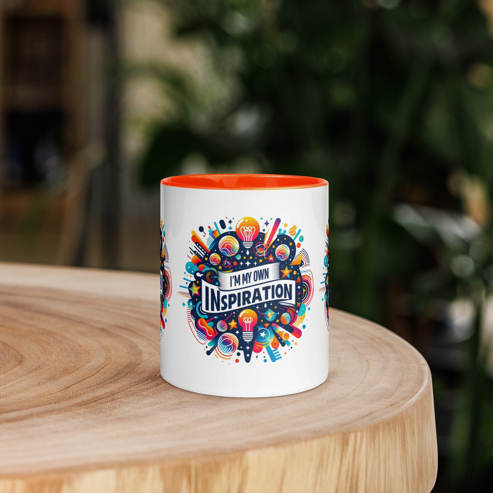 Black I Love Me Vibe mug with "I'm My Own Inspiration" affirmation and colorful interior, motivational drinkware.