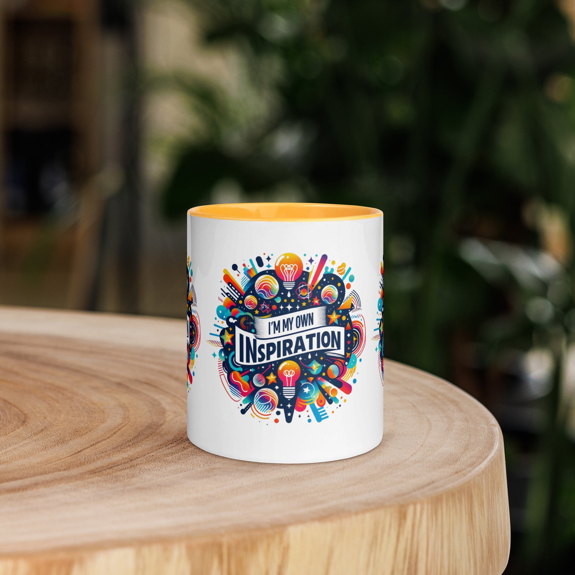 Black I Love Me Vibe affirmation mug with colorful interior, featuring motivational "I'm My Own Inspiration" message on ceramic drinkware.