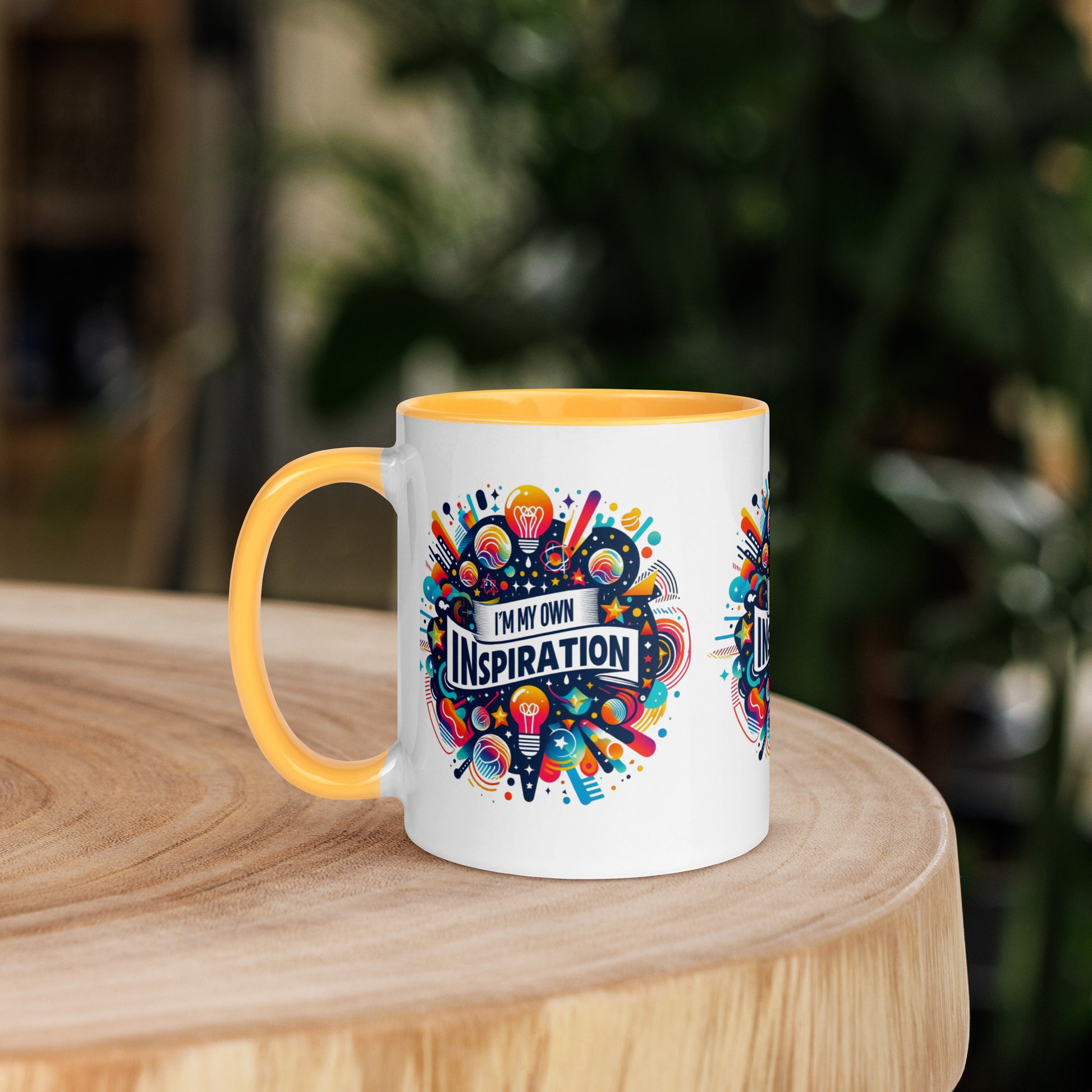 Black I Love Me Vibe mug with colorful inside, featuring "I'm My Own Inspiration" affirmation and motivational design.