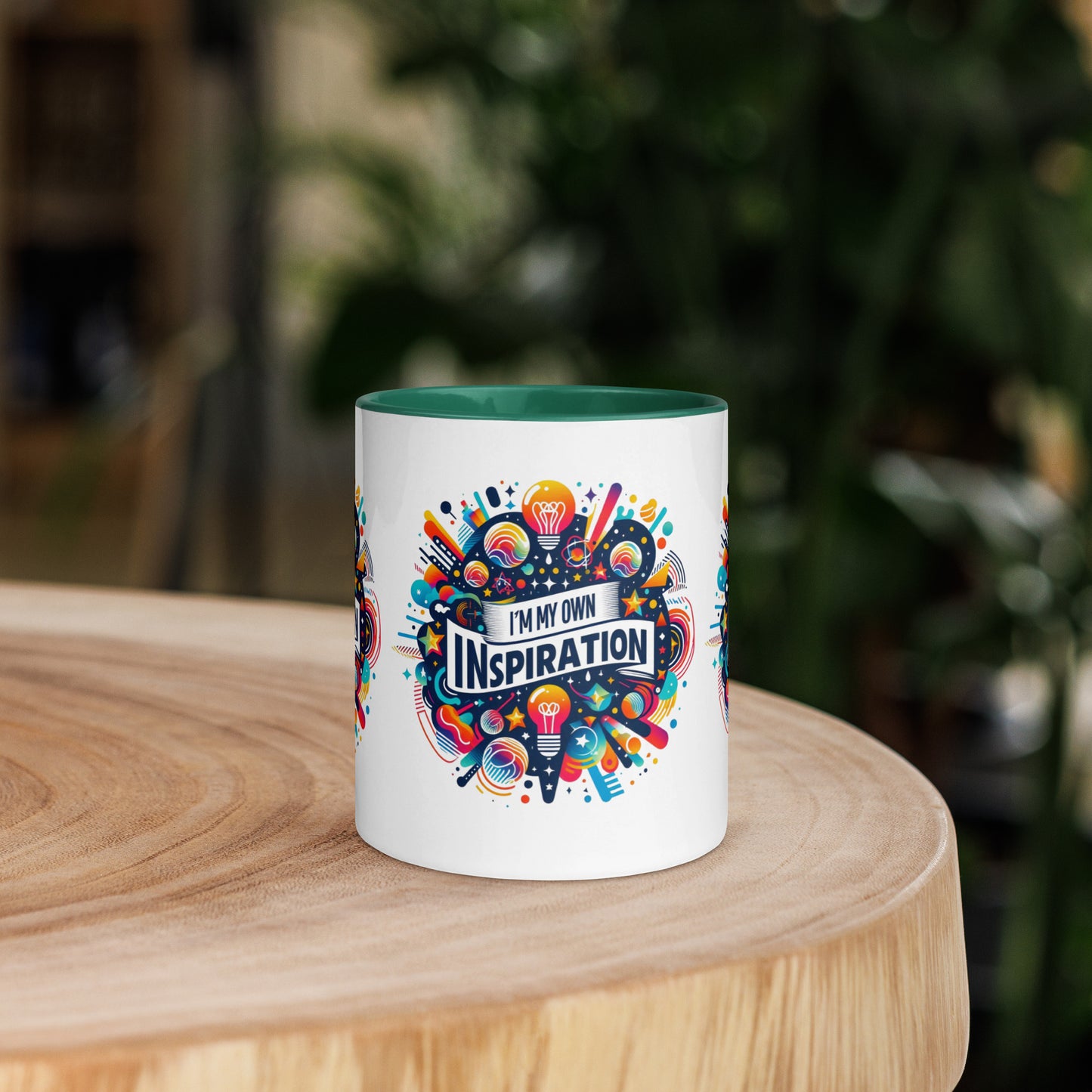 Black I Love Me Vibe mug with colorful inside, featuring "I'm My Own Inspiration" affirmation, motivational drinkware.
