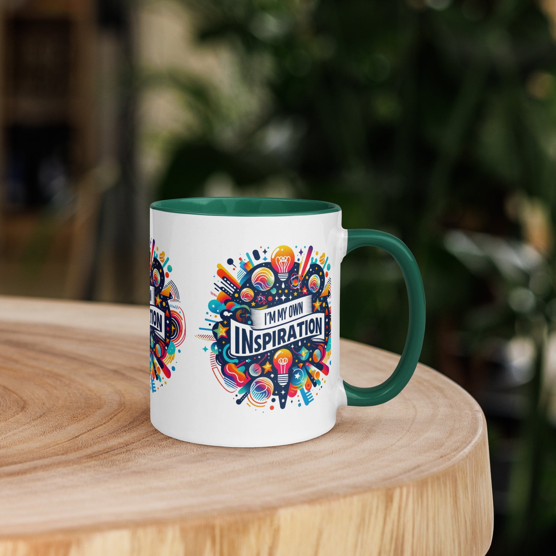 Black I Love Me Vibe mug with "I'm My Own Inspiration" affirmation and colorful interior, motivational drinkware.