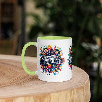 Black I Love Me Vibe affirmation mug with colorful interior, featuring "I'm My Own Inspiration" motivational message on the front.