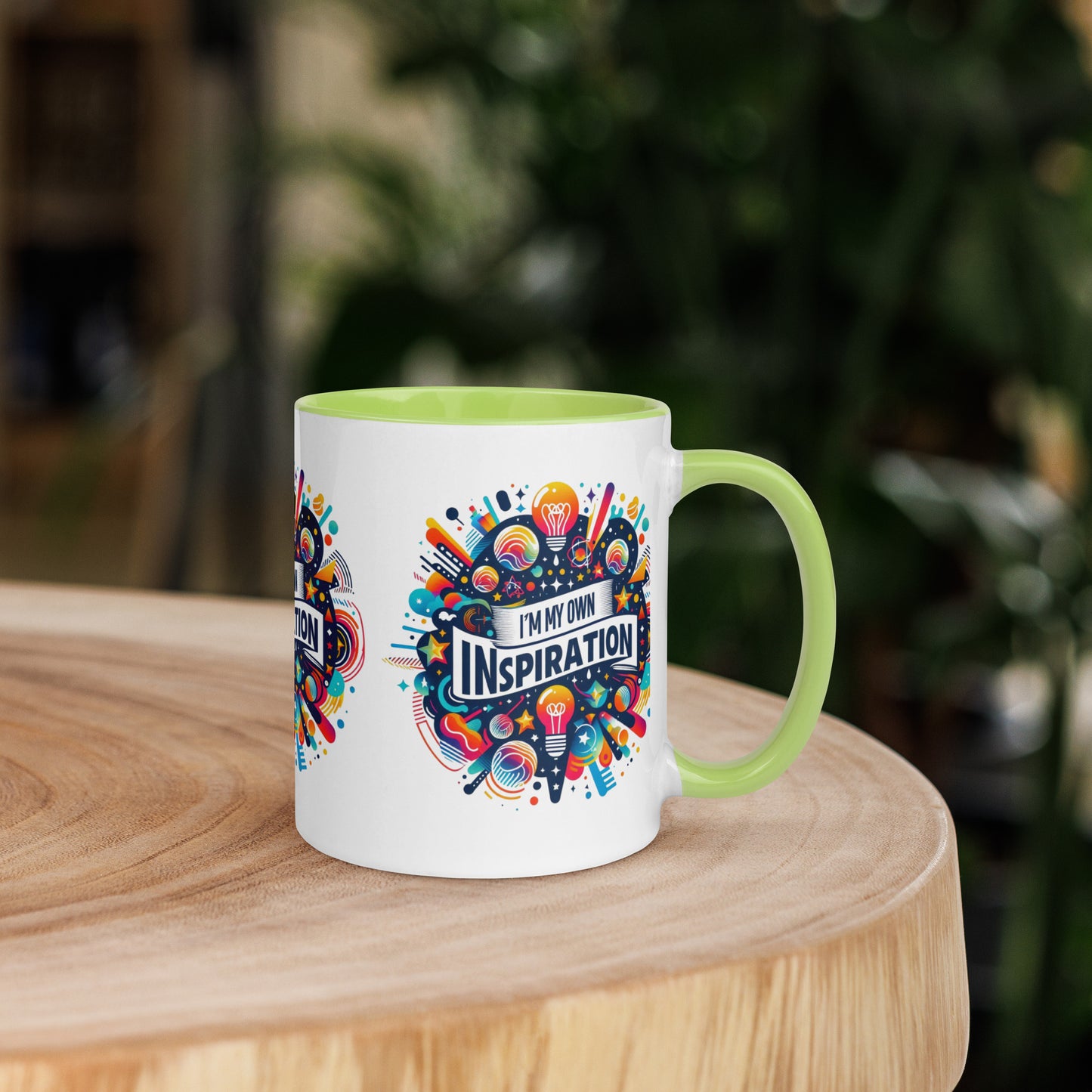 Black I Love Me Vibe mug with "I'm My Own Inspiration" affirmation and colorful inside, motivational drinkware.