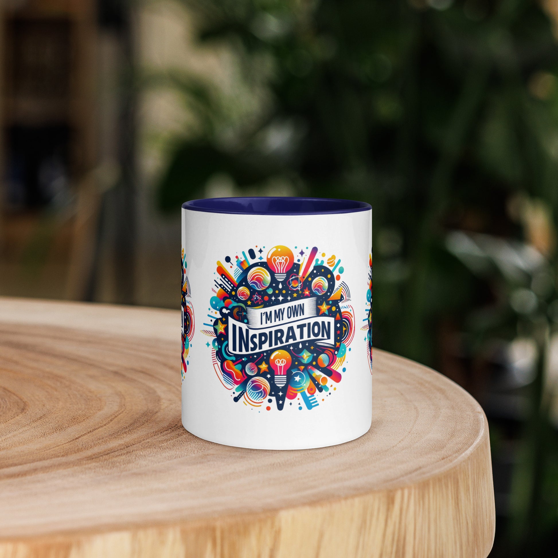 Black I Love Me Vibe mug with "I'm My Own Inspiration" affirmation and colorful interior, motivational drinkware for daily inspiration.