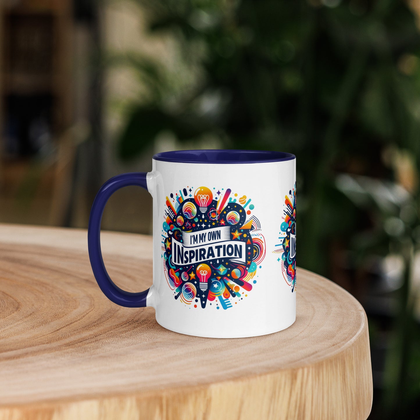 Black I Love Me Vibe mug with colorful inside, featuring "I'm My Own Inspiration" affirmation, motivational drinkware.