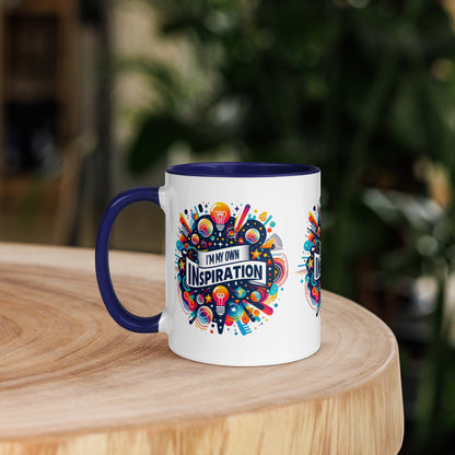 Black I Love Me Vibe mug with colorful inside, featuring "I'm My Own Inspiration" affirmation, motivational drinkware.
