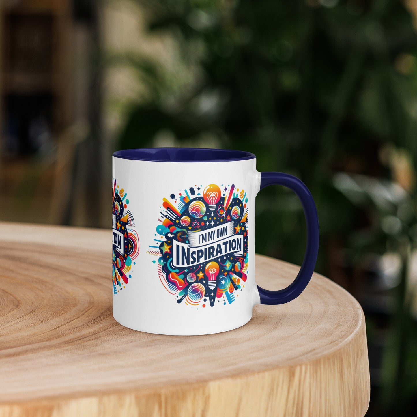 Black I Love Me Vibe mug with "I'm My Own Inspiration" affirmation and colorful interior, motivational drinkware.