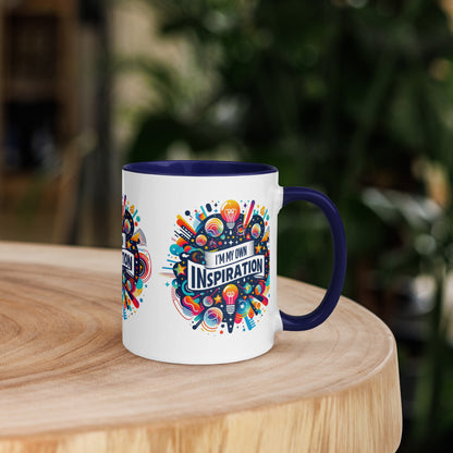 Black I Love Me Vibe mug with "I'm My Own Inspiration" affirmation and colorful interior, motivational drinkware.