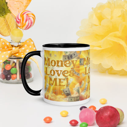 Black I Love Me Vibe mug with "Money Loves Me" affirmation, colorful inside, ideal for promoting prosperity and abundance mindset.