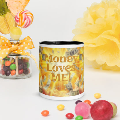 Black I Love Me Vibe mug with "Money Loves Me" affirmation and colorful interior, designed for abundance and prosperity mindset.