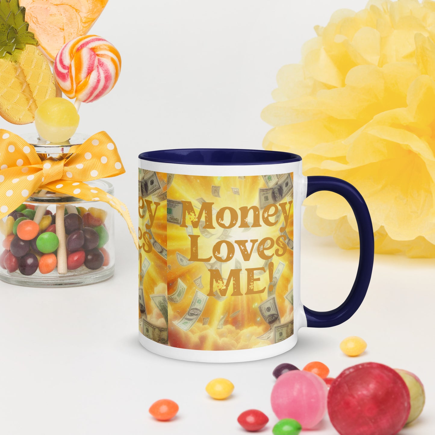 Black "Money Loves Me" abundance affirmation mug with colorful interior, I Love Me Vibe prosperity mindset drinkware.