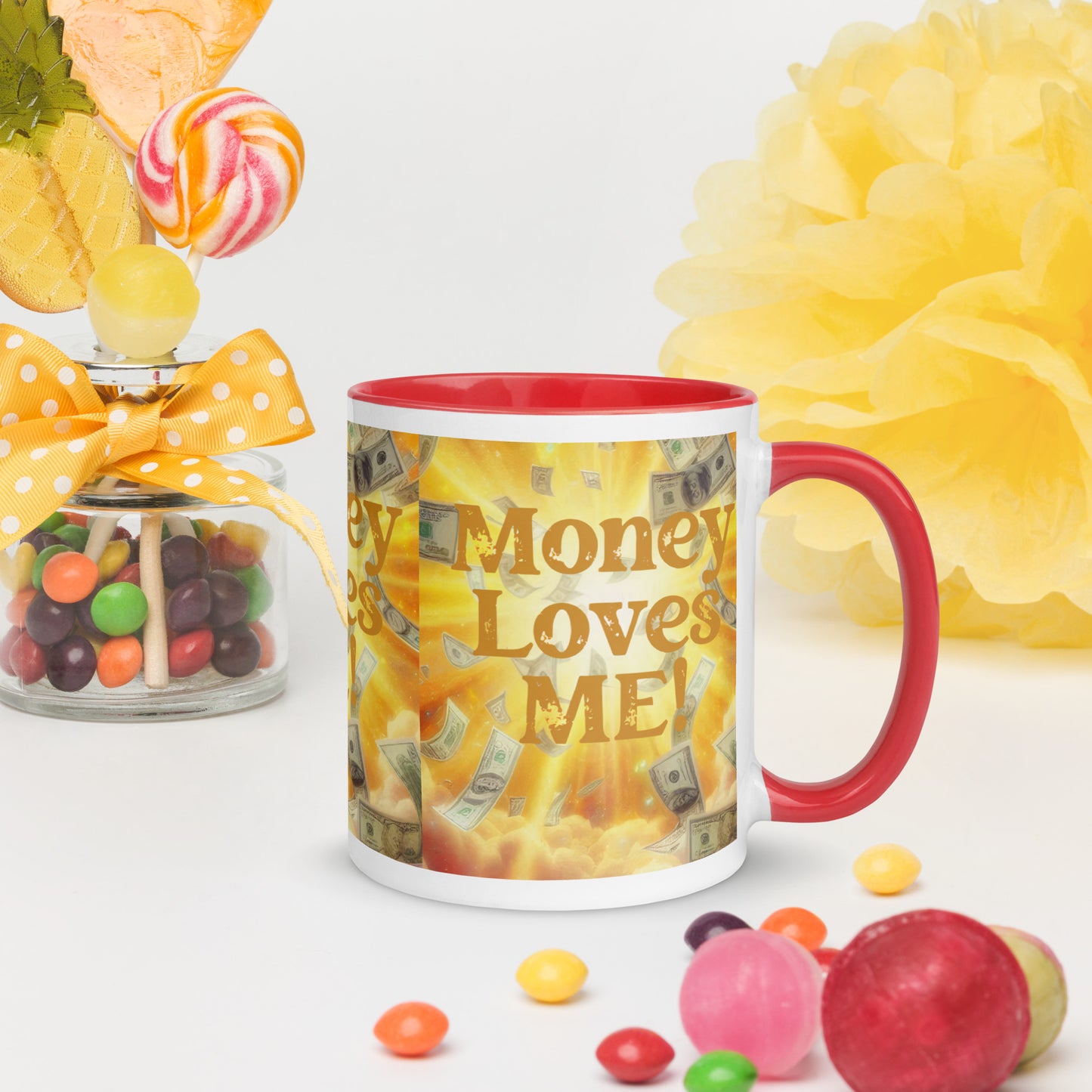 Black "Money Loves Me" abundance affirmation mug with colorful interior, featuring prosperity mindset design by I Love Me Vibe.